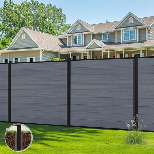 6 Feet×6 Feet Privacy Fence, Outdoor Wood Plastic Composite Fence Panel, Waterproof Security Barriers Fencing (Gray with One 7.6FT Post)