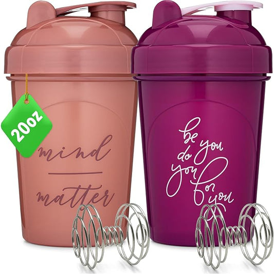 GOMOYO 2-Pack 20-Ounce Protein Shaker Bottle (Plum & Rose) | BPA Free, Dishwasher Safe Shaker Cups with Motivational Quotes for Gym, Running, Workout Supplements