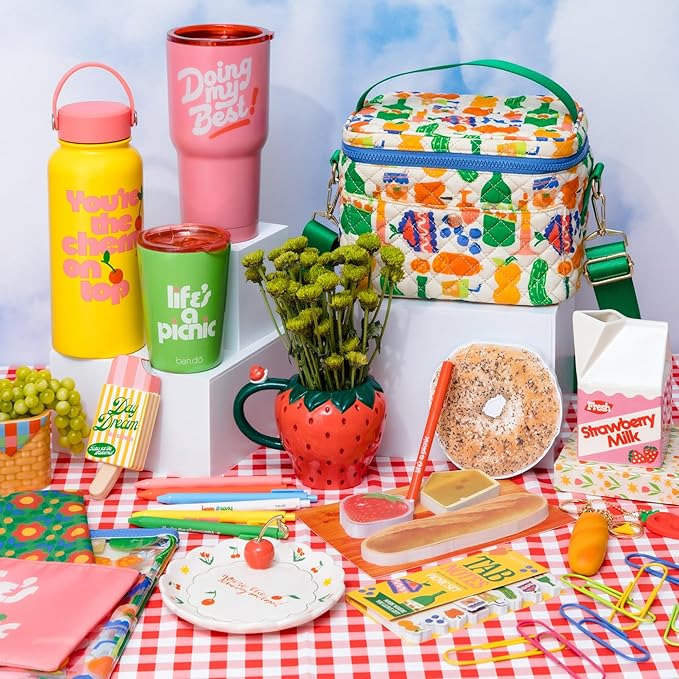 ban.do Large Water Bottle with Waterproof Sticker Pack, Stainless Steel Double Wall Tumbler, 33 Oz Insulated Metal Water Bottle with Twist on Lid and Strap (Cherry on Top)