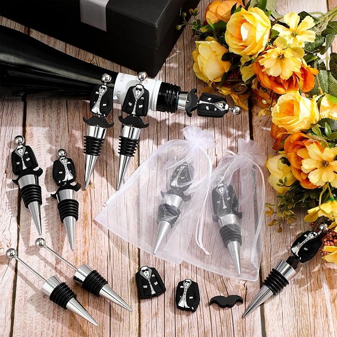 Wedding Beadable Wine Bottle Stopper Bulk Groomsmen Wine Stopper Stainless Steel Beer Corker with Silicone Beard Bead Sheer Bag Wedding Bridal Shower Favor for Guest Engagement Party(36 Set)
