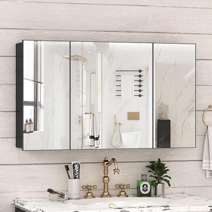 40 x 24 Farmhouse Medicine Cabinet, Tempered Frameless Bathroom Mirror with Storage, Black Recessed or Surface Mount Aluminum Medicine Cabinet for Bathroom Modern-Large