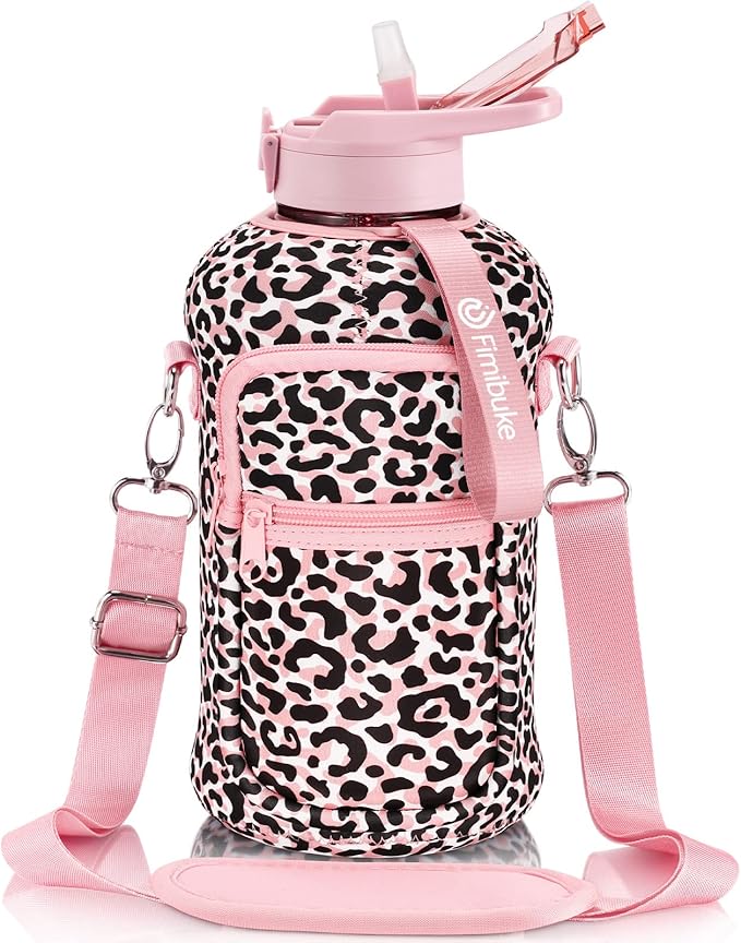 Fimibuke Half Gallon Water Bottle with Sleeve 64 OZ Water Bottle with Handle & Straw Leakproof Motivational Sports Gym Water Bottle with Time Marker BPA Free Water Jug with Reusable Neoprene Holder