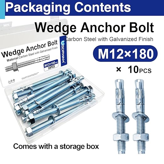 10Pcs M12×180mm Wedge Anchor Bolt, Carbon Steel Zinc Plated, Concrete Anchor Screws Kit, Anti-Rust Metric Expansion Bolts