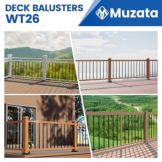 Muzata 50Pack 32" x3/4" Aluminum Deck Balusters Square Baluster Deck Railing Black Hollow Spindles with Screws for Railing Fencing Porch WT26