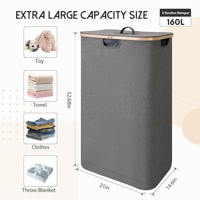 160L Laundry Sorter Hamper with Lid, 3 Section Extra Large Dirty Clothes Basket with Handles, 3 Removable Liner Bags & Labels, Gray
