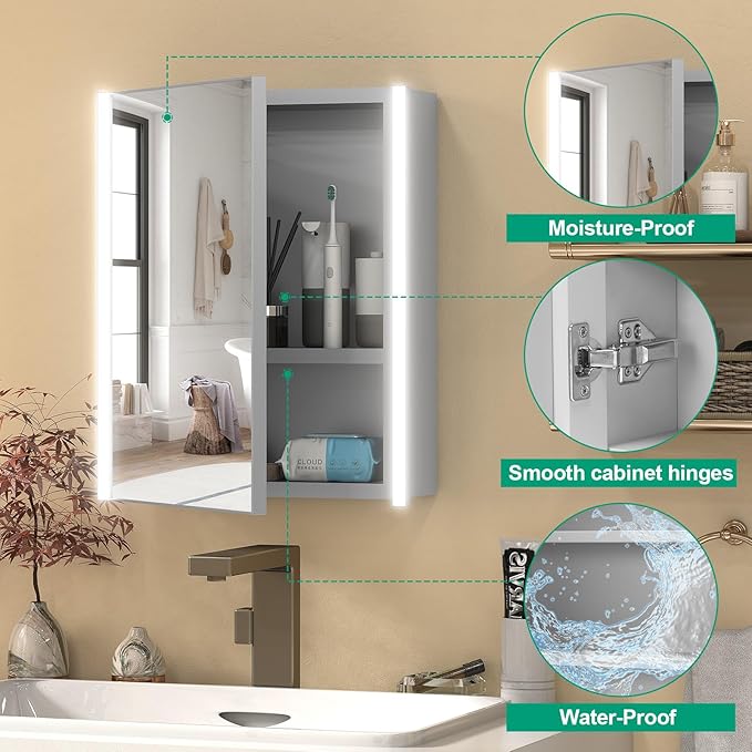 16x20 Inch Medicine Cabinet with LED Light Mirror, Brightneess Adjustable and Full-Assembled Bathroom Aluminum Cabinet with Storage, Surface or Recessed Tempered Cabinet, Farmhouse Sliver