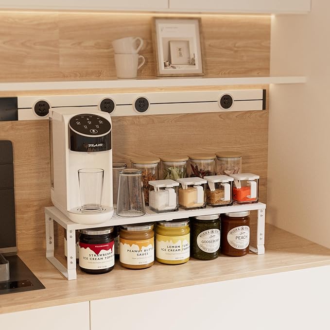 Expandable Spice Rack,Stackable Storage for Cabinet, Multi-Functional Kitchen Shelving,Height-Adjustable,Sustainable Organizer Solution(2Packs/White/Large)
