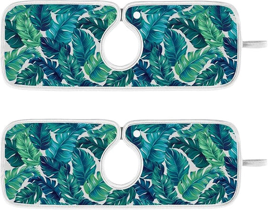 Kitchen Faucet Absorbent Mat,Turquoise Green Palm Leaves Water Splash Guard for Sink, Faucet Drip Catcher Thicken Sponge Microfiber Faucet Water Catcher Mat Sink Absorbent Mat for Kitchen 23x5in 2Pack