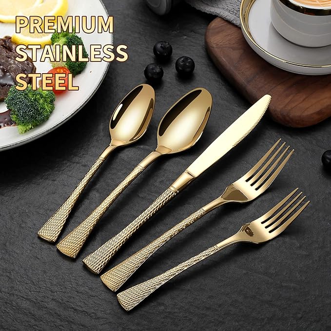 Hammered Gold Silverware Set,20 Piece Modern Flatware Set Service for 4,Mirror Polished Stainless Steel Cutlery Set Utensil Set Tableware Set,Kitchen Knives Forks Spoons Set,Dishwasher Safe