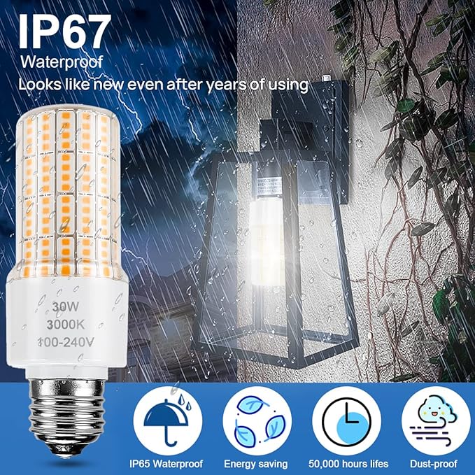 Led Light Bulb Equivalent 250w 2pcs Super Bright Led Bulbs, 3750 Lumen 3000k Warm Daylight White 30w Waterproof Led Corn Light Bulb E26/E27 Medium Base Light Bulb for Outdoor Indoor Garage Backyard