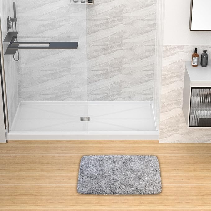 Sunrosa Shower Base 60"×32"×4", Single Threshold Shower Bases with Center Drain, Rectangle Solid Surface White Shower Pan, Slip Resistant Textured Surface, Include Stainless Steel Chrome Cover