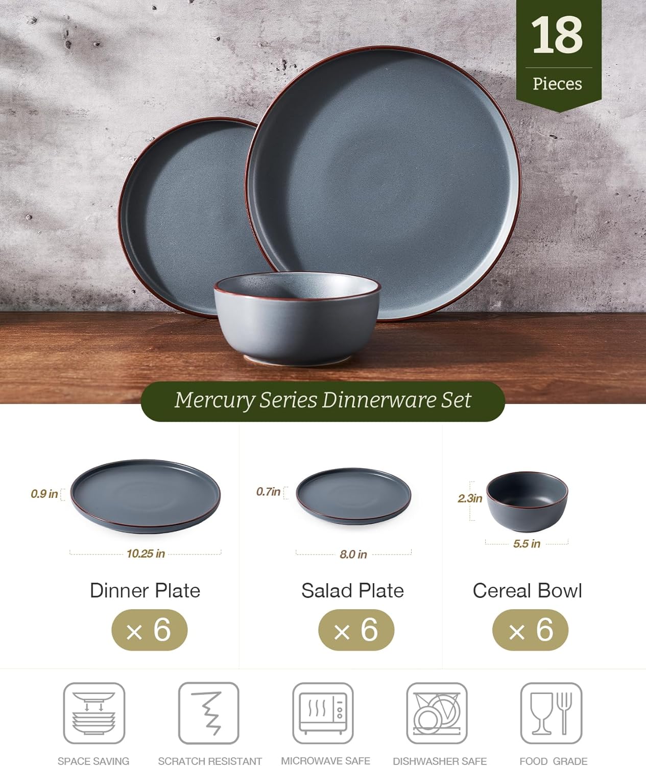 Famiware Mercury Plates and Bowls Sets, 18 Pieces Stoneware Dinnerware Sets, Dishes Set for 6, Microwave and Dishwasher Safe, Charcoal