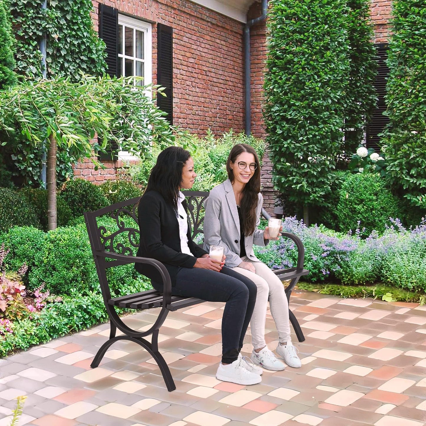 FDW Outdoor 50 Inches Garden Bench, Slatted Seat Armrests Floral Design Backres and Arch Legs, Perfect for Park, Yard, Porch, Lawn, Balcony, Backyard, Black