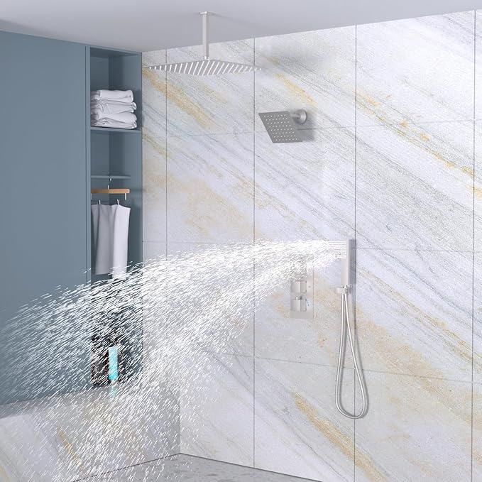 Enga Dual Rain Shower Head System, 16 Inch Ceiling Mount Shower Head with 6 Inch Wall Mount Shower Head Full Body Thermostatic Shower Faucet Set, Brushed Nickel