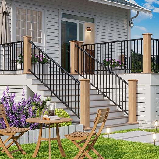 1 Pack 36 in. H x 8 ft. W Porch and Deck Railing Kit Without Post, Aluminum Stair Railing Kit, Black Textured Powder-Coat Finish Railing System for Concrete Steps or Wooden Stairs (1 Panel)