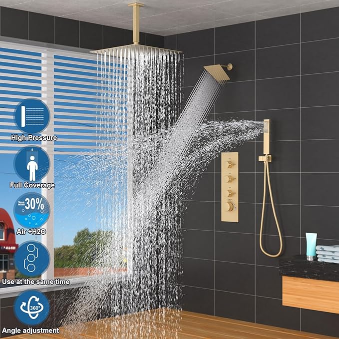 Enga Thermostatic Dual Head Shower System - 16"+6" Ceiling & Wall Mount Rainfall Showerheads, All Functions Simultaneous & Adjustable Volume, Brushed Gold