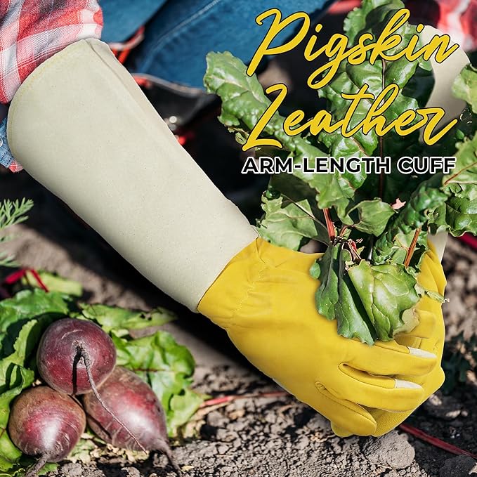 HANDLANDY Rose Pruning Gardening Gloves for Men Women, Thorn Proof Forearm Protection Leather Garden Gloves, Gardening Gifts for Gardeners (Yellow- goatskin, Large (Pack of 1))