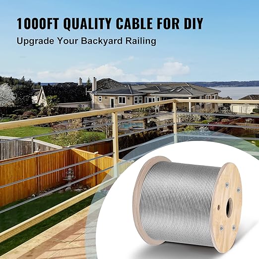 VEVOR 1/8" Stainless Steel Cable 1000FT, T316 1x19 Tighter Core Cable Railing System Wire Rope Aircraft Deck Railing Kit Fence Wire