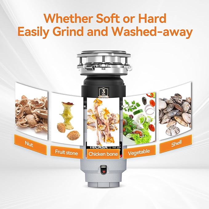 1/2 HP Garbage Disposal, Stainless Steel Food Waste Grinding System and 3-Bolt Mounting, Continuous Feed Compact Garbage Disposals, Power Cord Included, Taskmaid Series 50