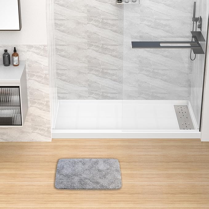 Sunrosa Shower Base 60"×32"×4", Single Threshold Shower Bases with Right Drain, Rectangle Solid Surface White Shower Pan, Slip Resistant Textured Surface, Include Stainless Steel Chrome Cover