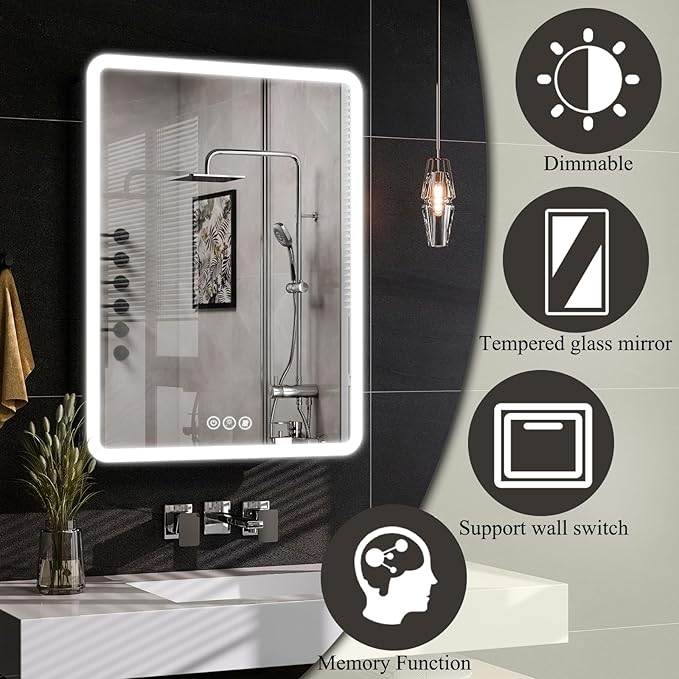 LED Bathroom Medicine Cabinet with Mirror, 24 Inch x 32 Inch Bathroom Mirror Cabinet with Door & Adjustable Shelves, Surface Mount or Recess Installation
