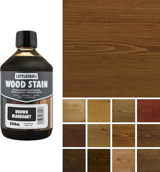 Littlefair's Wood Stain Water Based - 16.9oz/500ml - Indoor Furniture Stain Light & Dark Finishes - Special Non Toxic & Eco Friendly Formula - Wood Stain for Crafts - Color: Brown Mahogany