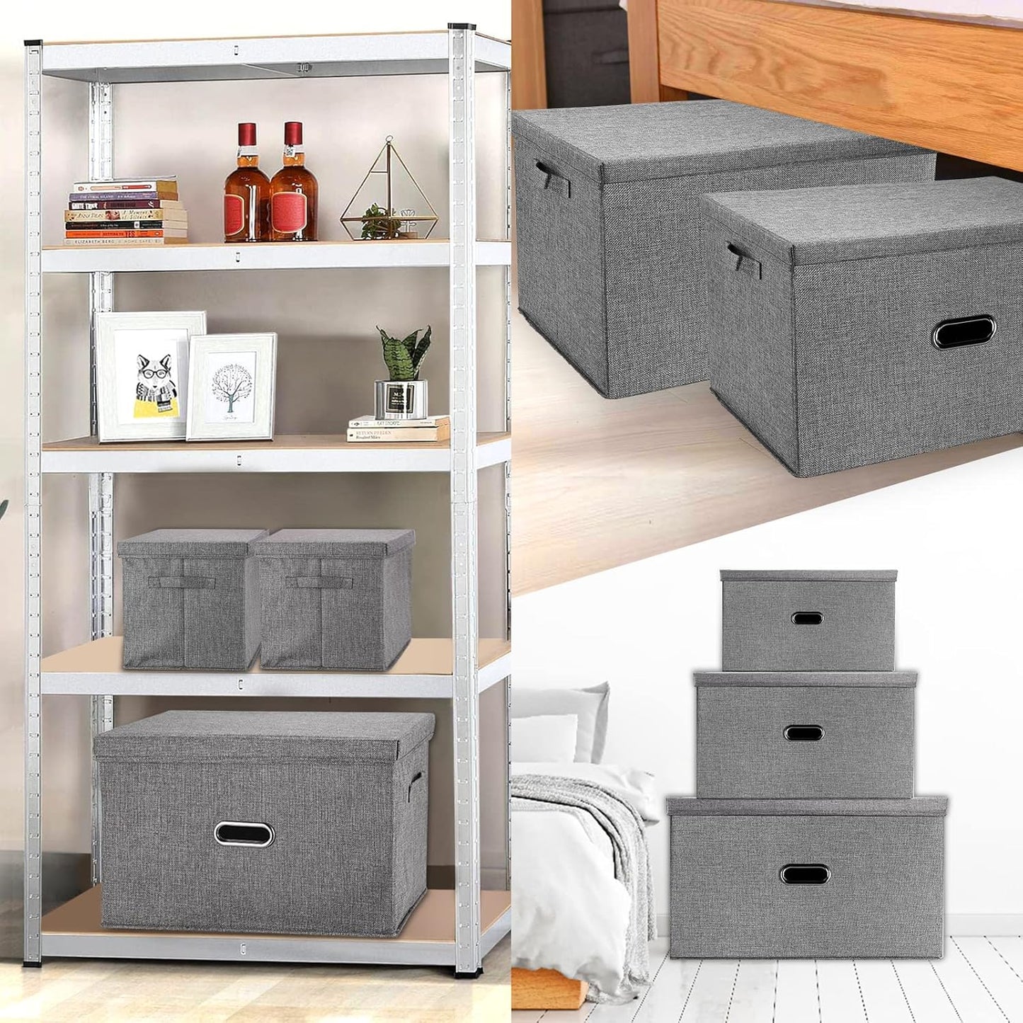 Large Linen Fabric Foldable Storage Bins with Removable Lid and Handles, Washable Storage Box Organizer Containers Baskets Cube with Cover for Bedroom,Closet,Office,Nursery (Grey, XXL)