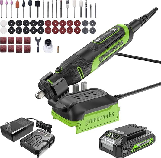 Greenworks 24V Cordless Rotary Tool Kit, Brushless motor, 5-Speed, 35,000 RPM, 52 Accessories for Cutting, Sanding, Engraving, Carving, Drilling and Polishing