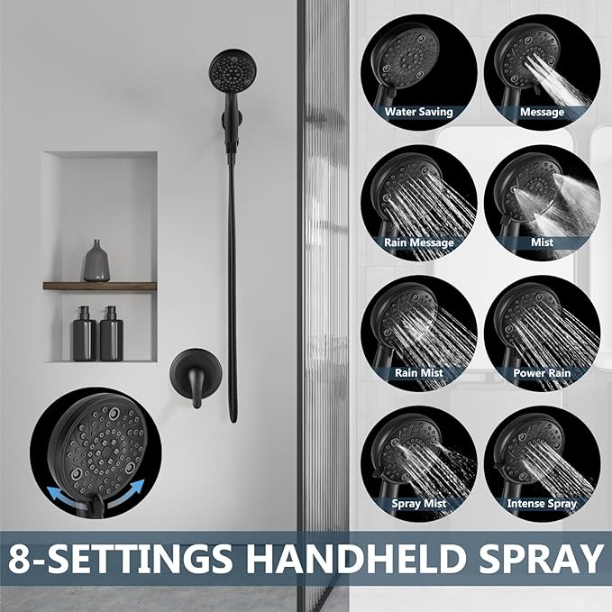 Aolemi Shower Faucet Set Rain Shower Head System Shower Trim Kit Pressure Rough-in Valve Included ABS 8 Setting Single Handheld Spray Matte Black