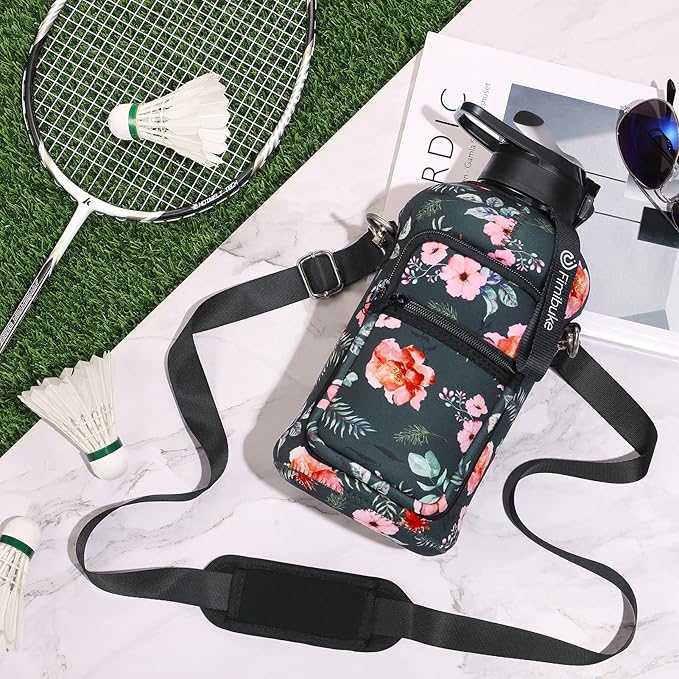 Fimibuke Half Gallon Water Bottle with Sleeve 64 OZ Water Bottle with Handle & Straw Leakproof Motivational Sports Gym Water Bottle with Time Marker BPA Free Water Jug with Reusable Neoprene Holder