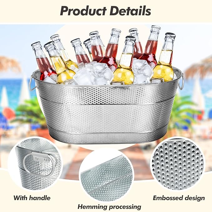 Nuogo 4 Pcs Stainless Steel Oval Ice Buckets for Parties 15 Qt/ 4 Gallon Galvanized Metal Drink Bucket with Handles Leak Resistant Beverage Tub Rustproof Wine Cooler Bucket Beverage Chiller(Silver)