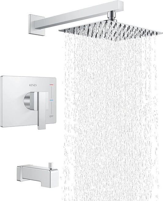 KENES Polished Chrome Tub and Shower Trim Kit, Shower Faucet with 8-Inch Rain Shower Head, Modern Single-Spray Shower Faucet Set, KE-6024A-5 (Shower Valve Included)