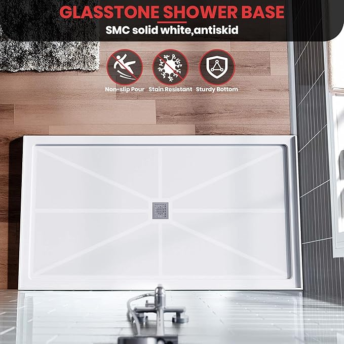 Shower Base 48"×36"×4", Single Threshold Shower Tray with Center Drain, Rectangle SMC Shower Pan, White Slip Resistant Textured Surface Shower Base for Bathroom