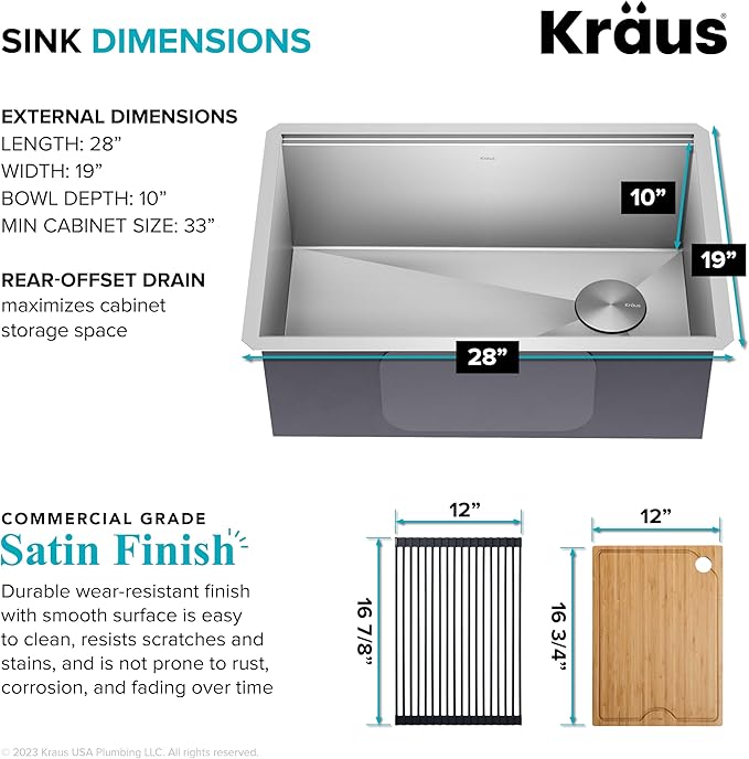 KRAUS Kore 28-Inch Undermount Workstation 16 Gauge Single Bowl Stainless Steel Kitchen Sink with Accessories, KWU110-28