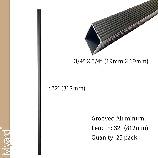 Myard 32 Inches Grooved Estate Square Aluminum Deck Balusters Furniture for Decking Railing Patio Fence, Modern Look (25-Pack, Matte Black)