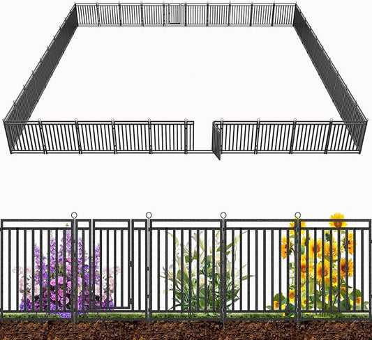 Decorative Garden Fence Metal Dog Fence Outdoor for Yard, 92ft (L) × 32in (H), 35 Panels + 5 Gates, Rustproof Animal Barrier Fencing for Patio & Flower Bed, No Dig, Black-Silver