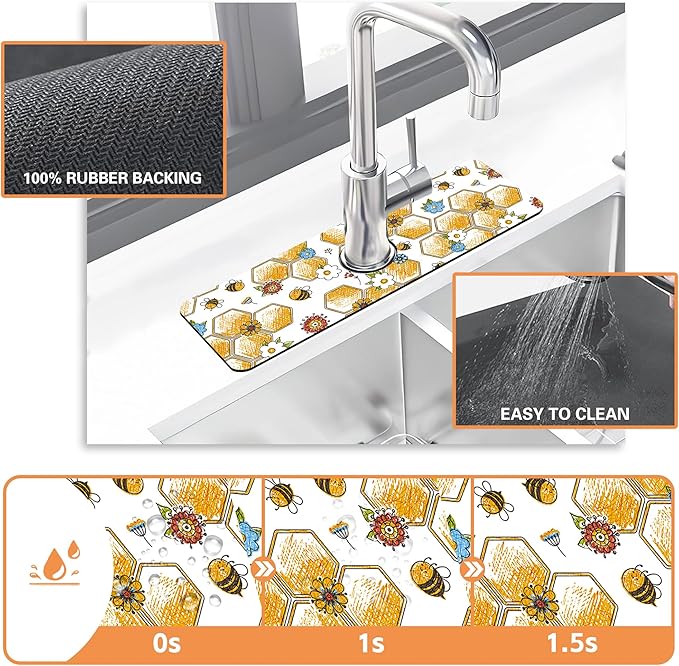 Kitchen Sink Splash Guard Faucet Mat Cute Bees and Honeycomb Sink Splash Guard Behind Faucet,1 PC Soft Diatom Mud Non-Slip Mat-for Kitchen,Dish Drying Mat,Bathroom Faucet Mat 15.5""X5.5""