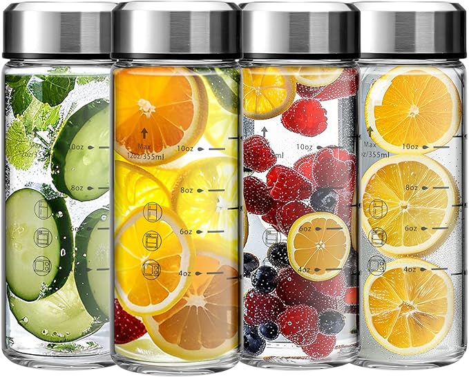 SIEROZUR Juice Bottles - 4 Pack Wide Mouth Glass Bottles with Lids - for Juicing, Smoothies, Infused Water, Beverage Storage - 12oz, BPA Free, Stainless Steel Lids, Leakproof, Reusable, Borosilicate