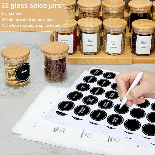 4OZ Glass Spice Jars with Bamboo Lids and 315 Labels, 20 Pcs Clear Food Storage Containers for Kitchen Sugar Salt Coffee Tea Beans
