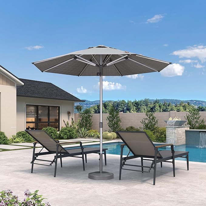PURPLE LEAF 9 FT Semi-Auto Outdoor Patio Umbrella Market Table Sun Umbrellas with 8 Aluminum Sturdy Ribs for Backyard Deck Garden Pool (Silver Pole Gray Canopy)
