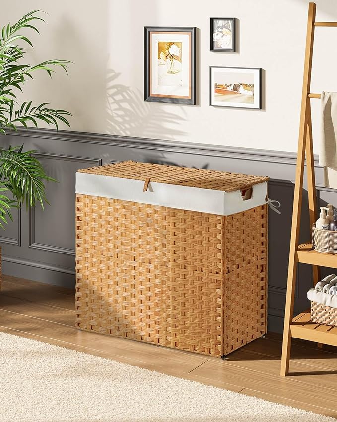 Greenstell Laundry Hamper with lid, No Install Needed, 130L Wicker Laundry Baskets Foldable 2 Removable Liner Bags, 2 Section Clothes Hamper Handwoven Rattan Laundry Basket with Handles, Natural