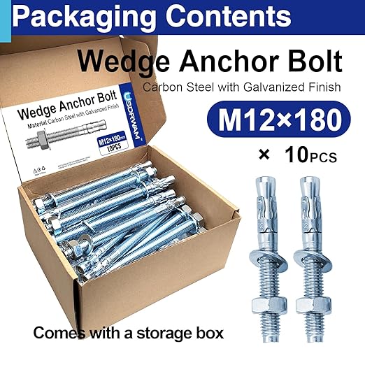 30Pcs M12×180mm Wedge Anchor Bolt, Carbon Steel Zinc Plated, Concrete Anchor Screws Kit, Anti-Rust Metric Expansion Bolts