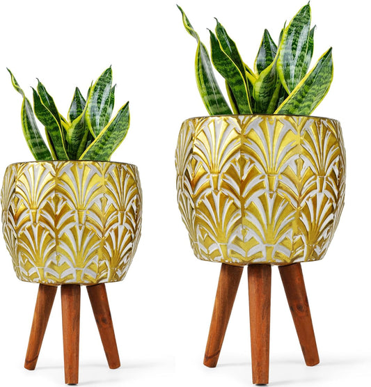 Harvest Land Plant Pots with Stand, Set of 2 Large Modern Planters Metal Tall Handmade Flower Pots with Drainage Holes Indoor Outdoor,Gold