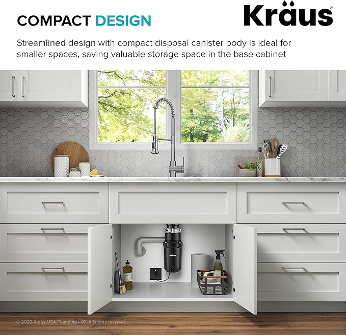 KRAUS WasteGuard 1/3 HP Ultra-Quiet Garbage Disposal with Quick Connect, Kitchen Sink Drain Cover, Power Cord and Flange Included, KWD100-33MBL