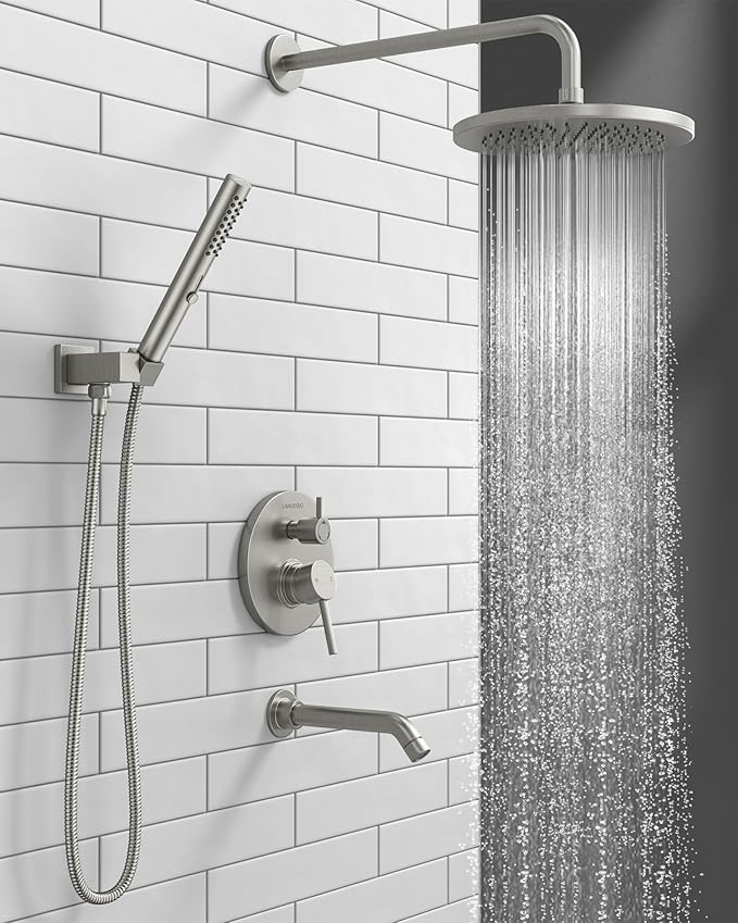 Lava Odoro Modern 3-Setting Round Rain Bathtub and Shower Faucet Set, Brushed Nickel Rainfall Shower Head and Handle Set, Rain Shower System with Tub Spout, Shower Valve Trim Kit, SF104-BN-T