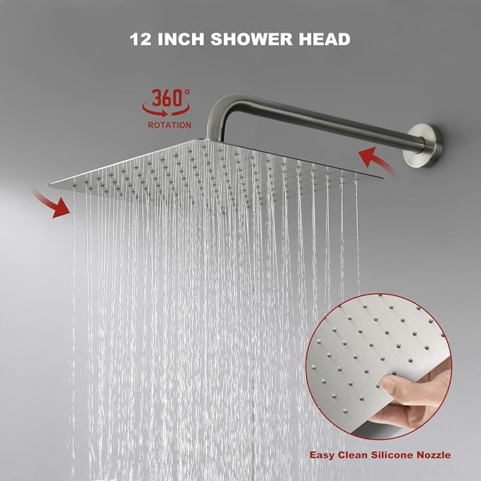 Shower Faucet Set - 12 inches Rain Shower System with 6 Function Handheld Shower Head Rough in Pressure Balance Valve Kit - Stainless Steel Bathroom Shower Kit Complete Brushed Nickel