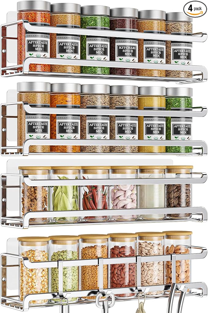 Spice Rack wall mounted 4 Pack, Space-Saving Spice Organizer for Spice Jars and Seasonings,Screw or Adhesive Hanging Spice Rack Organizer for Your Kitchen Cabinet,or Pantry Door,Chrome