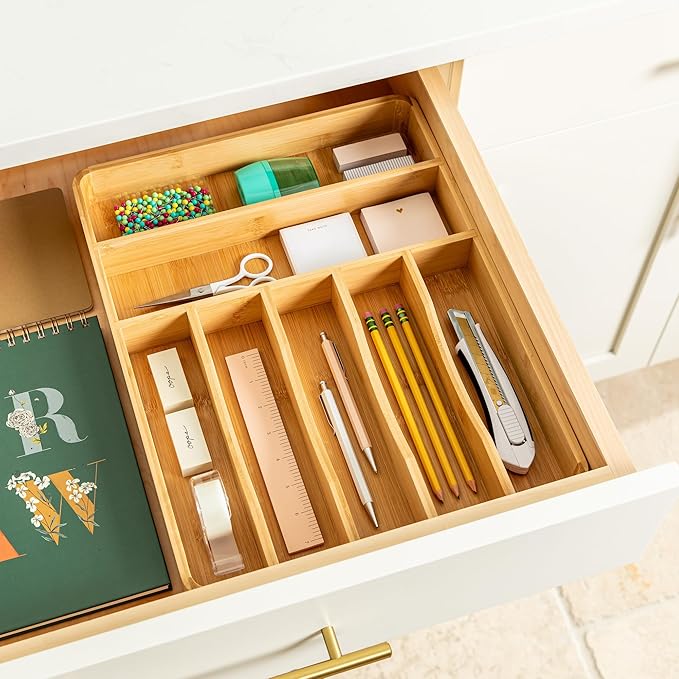 SMIRLY Silverware Drawer Organizer – Bamboo Kitchen Drawer Organizer, Adjustable Utensil Holder and Cutlery Tray, Drawer Dividers for Flatware and Kitchen Utensils