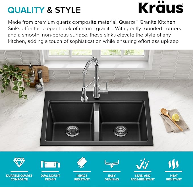KRAUS Quarza 33-inch Drop-In/Undermount 50/50 Double Bowl Granite Kitchen Sink in Black Onyx, KGD-433B