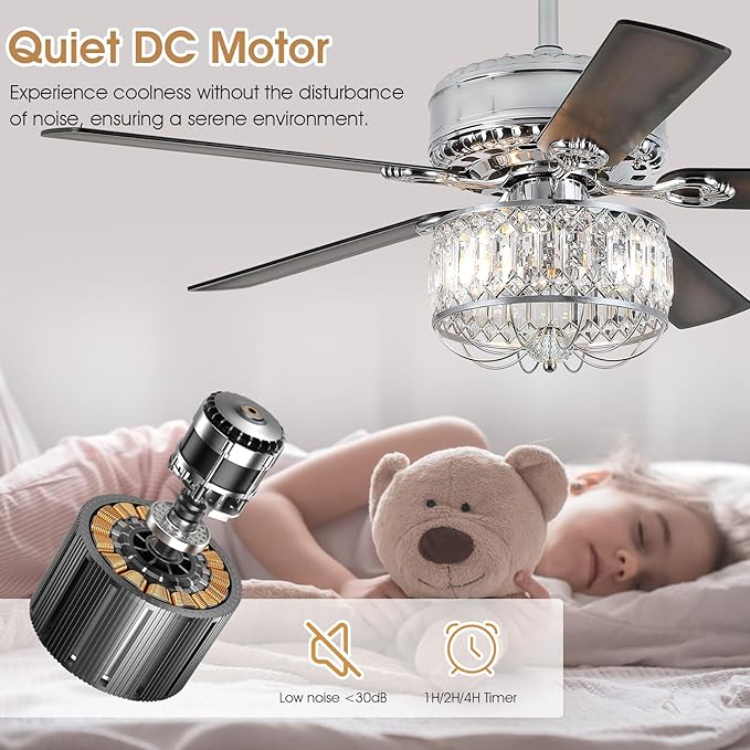 Chandelier Ceiling Fans with Lights - 52 Inch Modern Farmhouse Fandelier Ceiling Fan with Remote, Crystal Ceiling Fan Light for Bedroom Living Room, Dual Finish Wooden Blades, Chrome